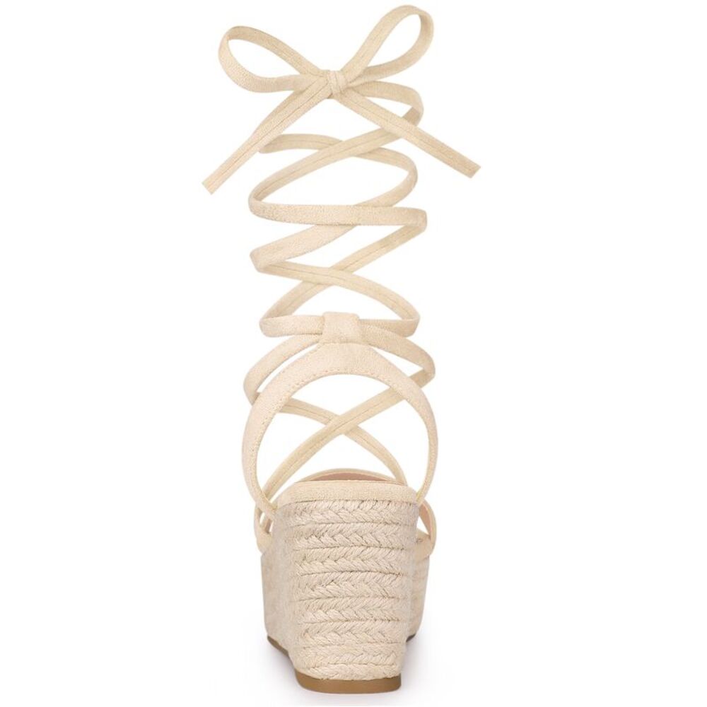 Women's Lace Up Wedge Heel Platform Slingback Strappy Sandals Beige - Picture 3 of 6